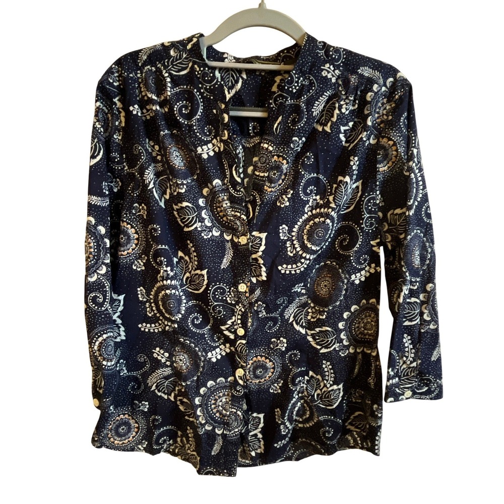 Eddie Bauer Women L Navy Floral Button FrontShirt Cotton Coastal Teacher Office